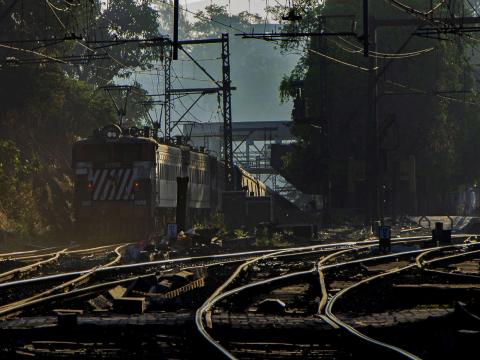 End of the gradient sees a trio of WAG7s ‘tigerface’ bankers push an EMU. Khandala, 9th March 2014